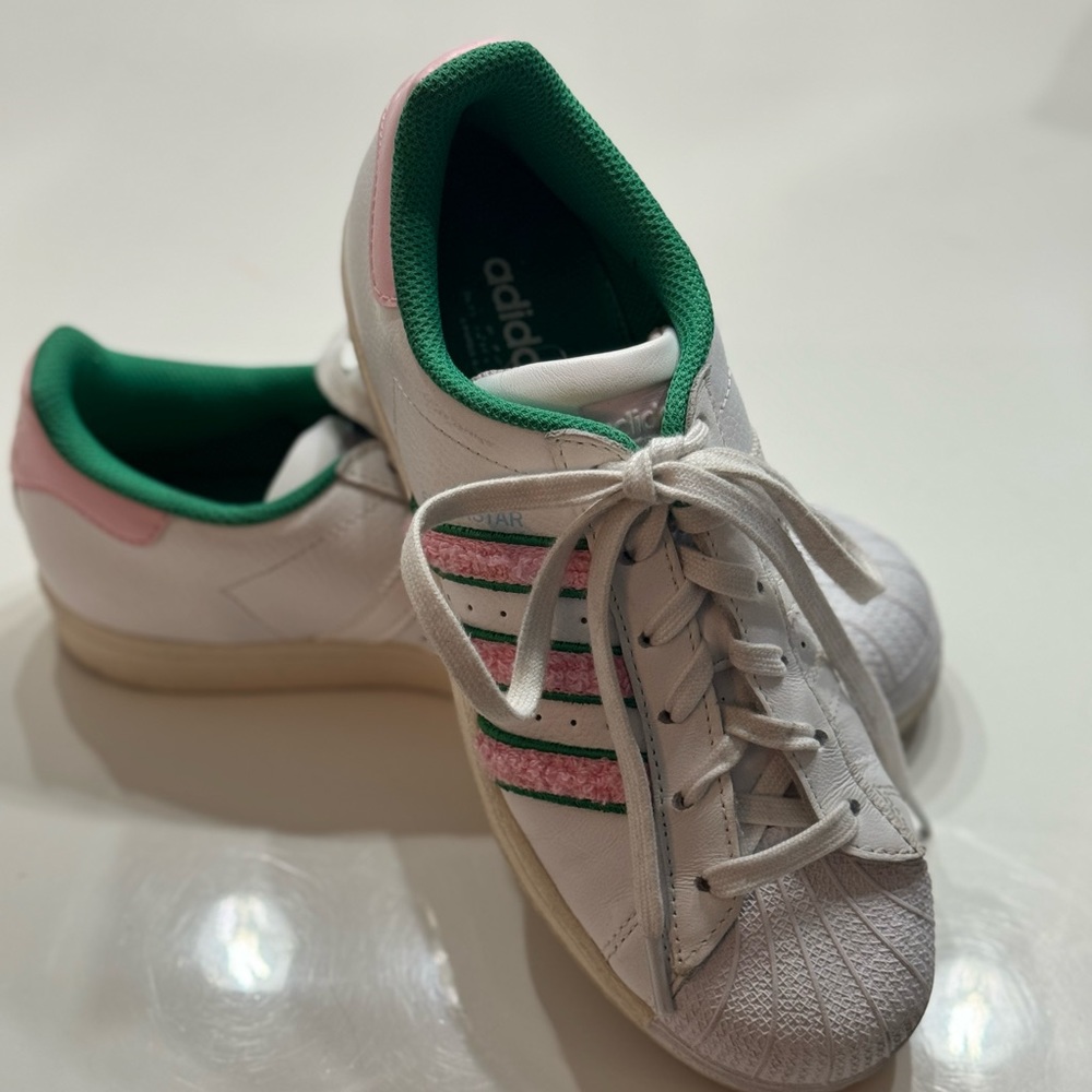 Women’s Size 7 Adidas superstar pink & green boucle sneakers , like new